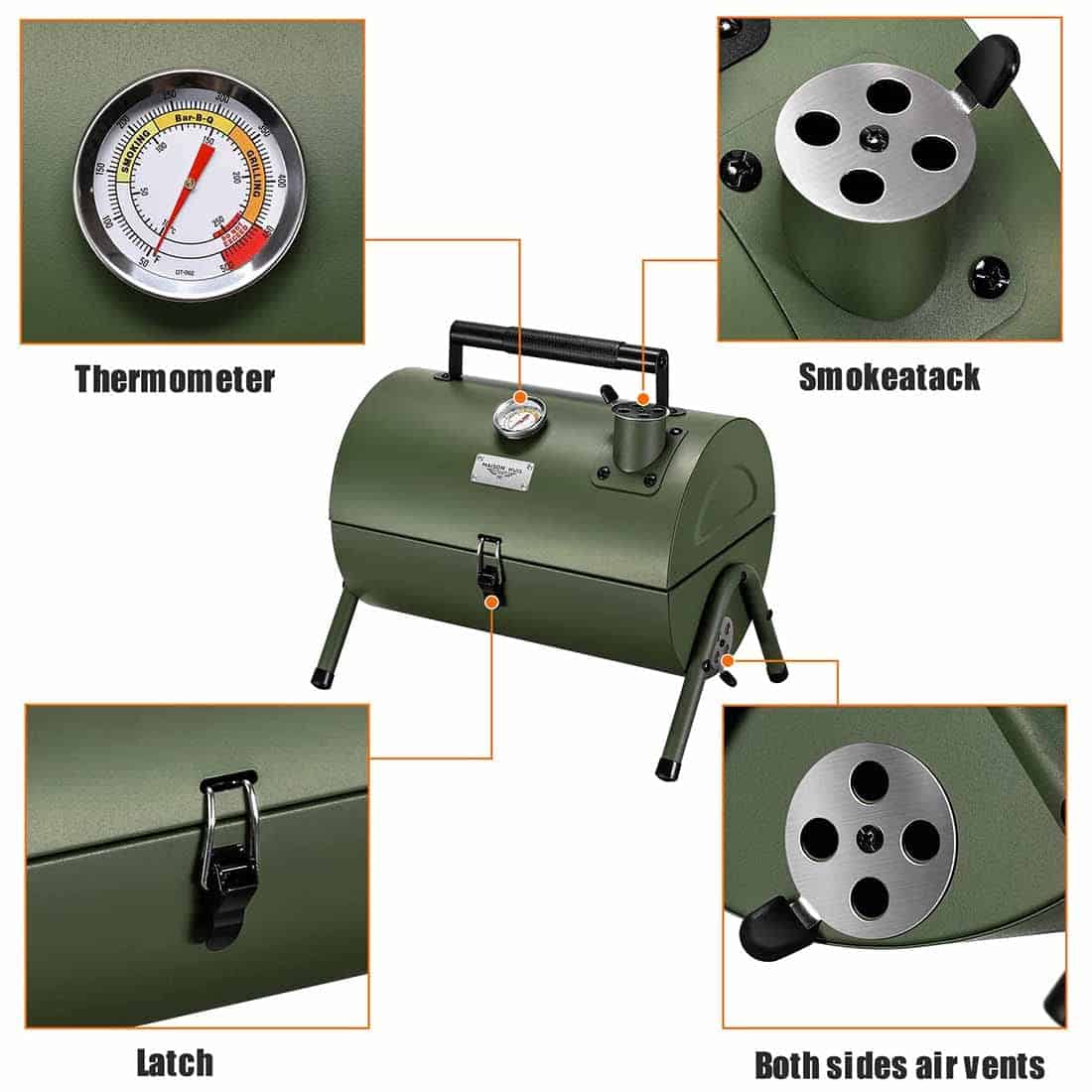 MAISON HUIS Adjustable Portable Charcoal Grill Multi-functional Metal Small BBQ Smoker for Outdoor Hiking Picnic (Green)