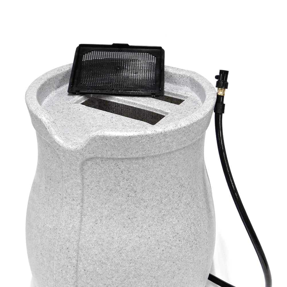 FCMP Outdoor Catalina 45 Gallon Rain Water Barrel Catcher System with Flat Back for Watering Outdoor Plants, Light Granite