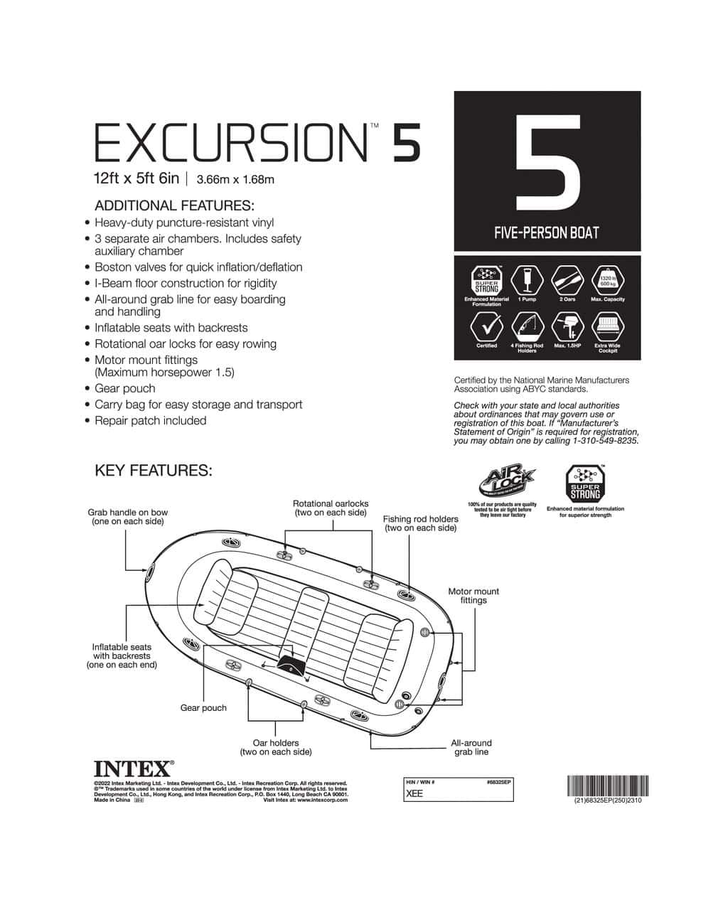INTEX Excursion Inflatable Boat Series Includes Deluxe 54in Boat Oars and High-Output Pump – SuperTough PVC