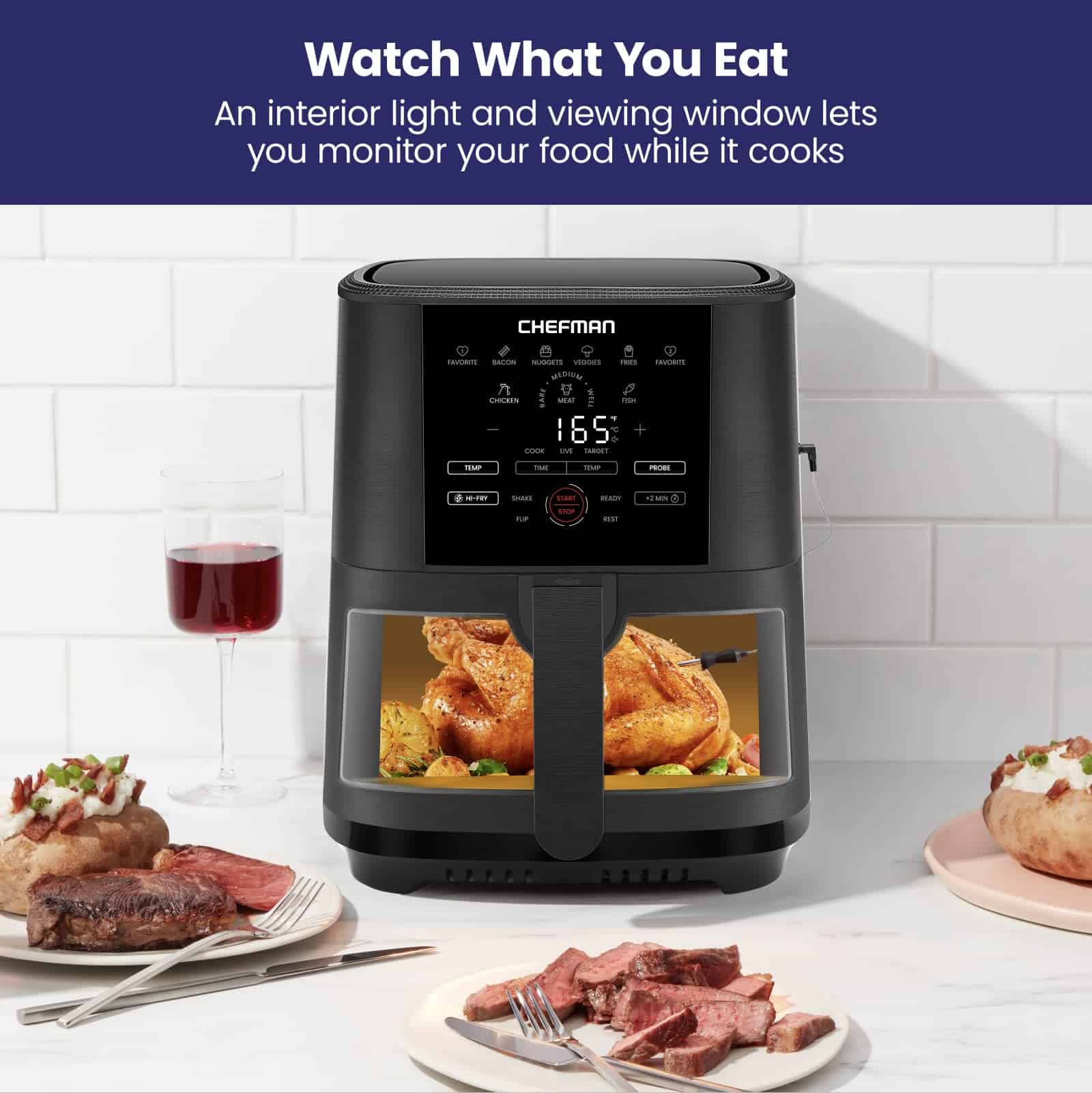 CHEFMAN 5-Quart Digital Air Fryer with Temperature Probe, Nonstick Dishwasher - Safe Basket & Tray, Black