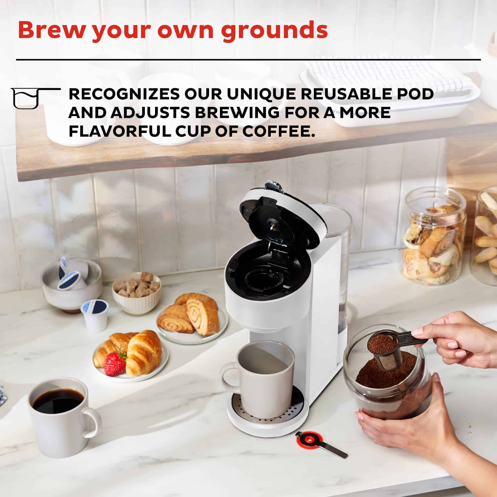 Instant Pot K-Cup Pod Compatible Single Serve Coffee Maker with Reusable Pod and Bold Setting, 8-12oz, 40oz Reservoir, White