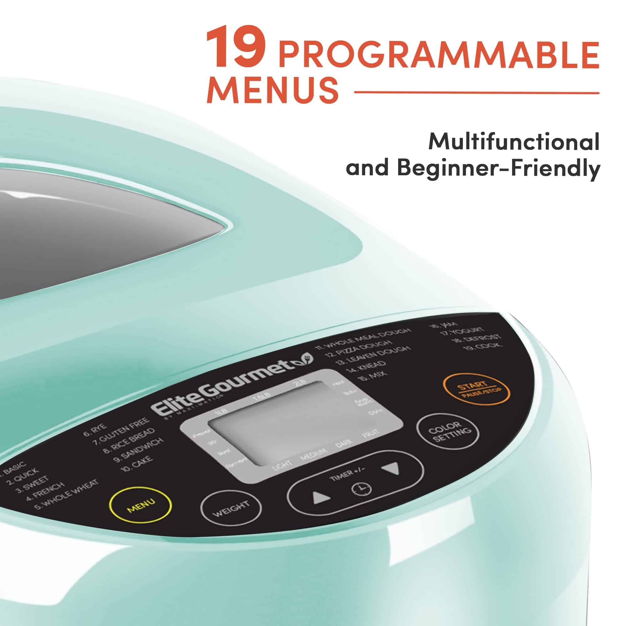 Elite Gourmet EBM8103M Programmable Bread Maker Machine 3 Loaf Sizes, 2 Lbs, Mint