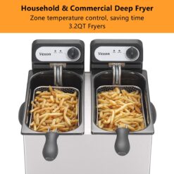Vexon 3000W Electric Commercial Deep Fryer With Baskets & Lids, 2x3L Stainless Steel Double Deep Fryer