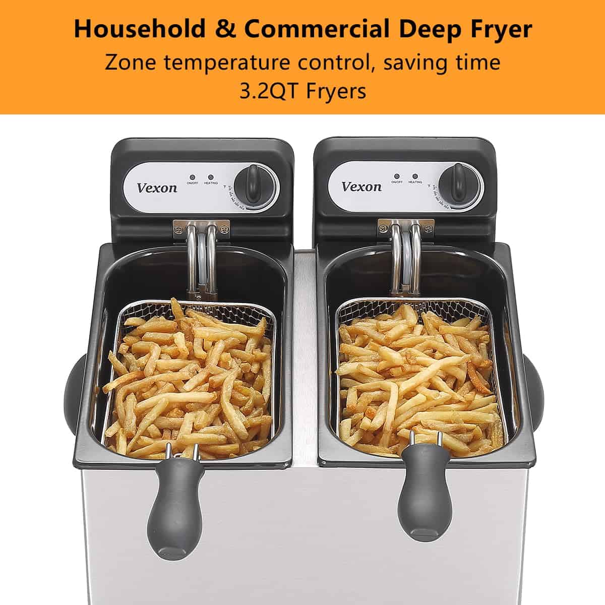 Vexon 3000W Electric Commercial Deep Fryer With Baskets & Lids, 2x3L Stainless Steel Double Deep Fryer