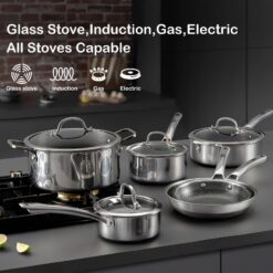 SNOWCLAD Pots and Pans set non stick, 10 pcs Hybrid Stainless Steel Cookware Sets, non stick Frying Pans