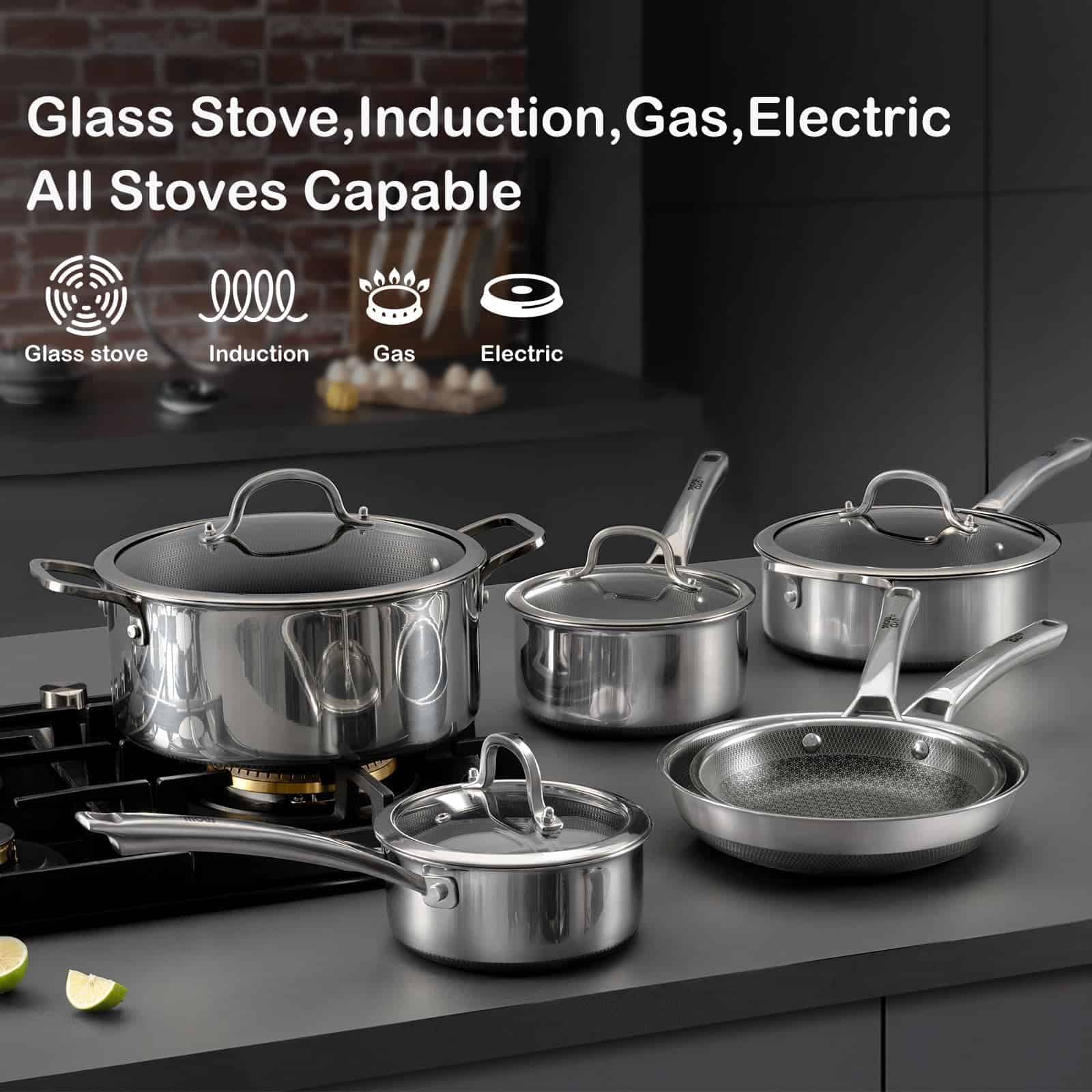 SNOWCLAD Pots and Pans set non stick, 10 pcs Hybrid Stainless Steel Cookware Sets, non stick Frying Pans