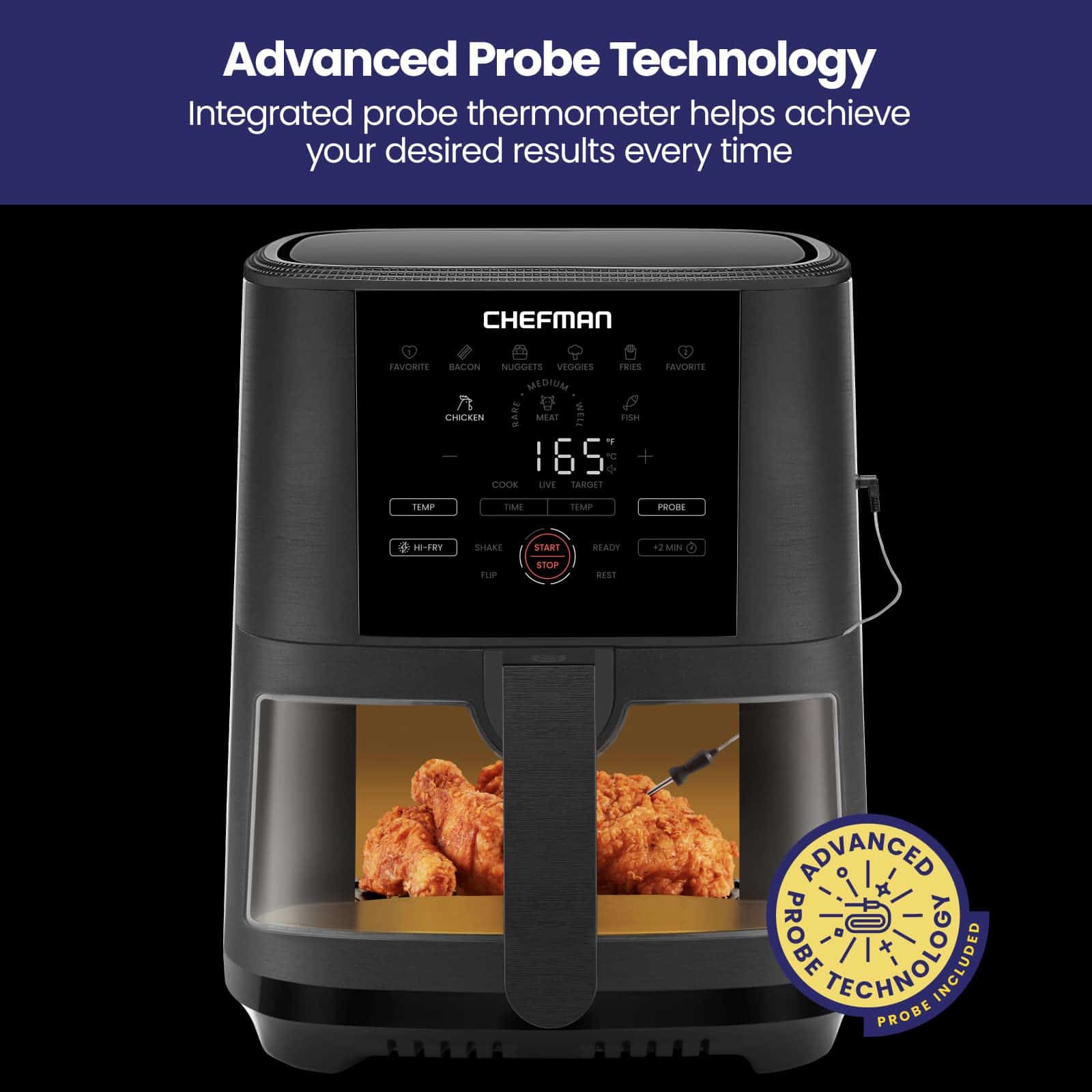 CHEFMAN 5-Quart Digital Air Fryer with Temperature Probe, Nonstick Dishwasher - Safe Basket & Tray, Black