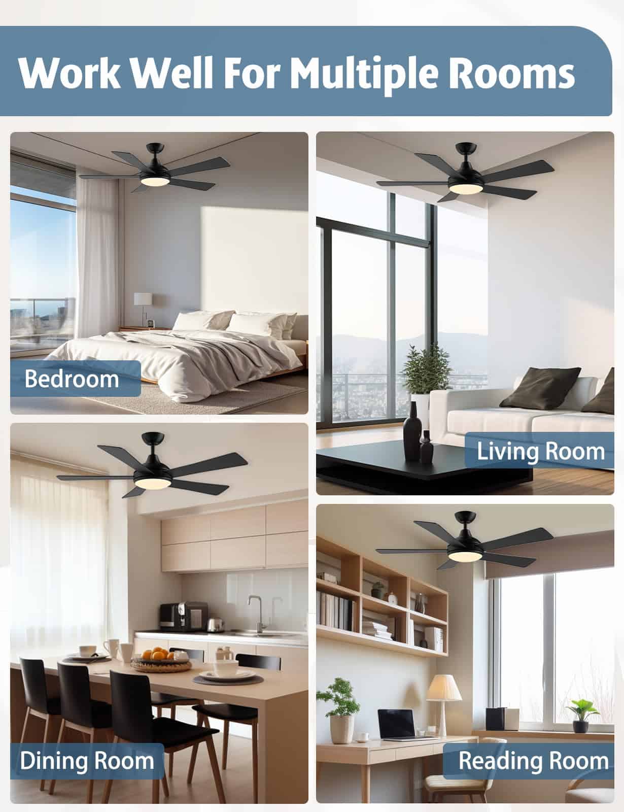 Autoday 52 Inch Ceiling Fans with Lights and Remote - Black Ceiling Fan with Light