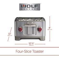 Wolf Gourmet 4-Slice Extra-Wide Slot Toaster with Shade Selector, Bagel and Defrost Settings, Red Knob, Stainless Steel