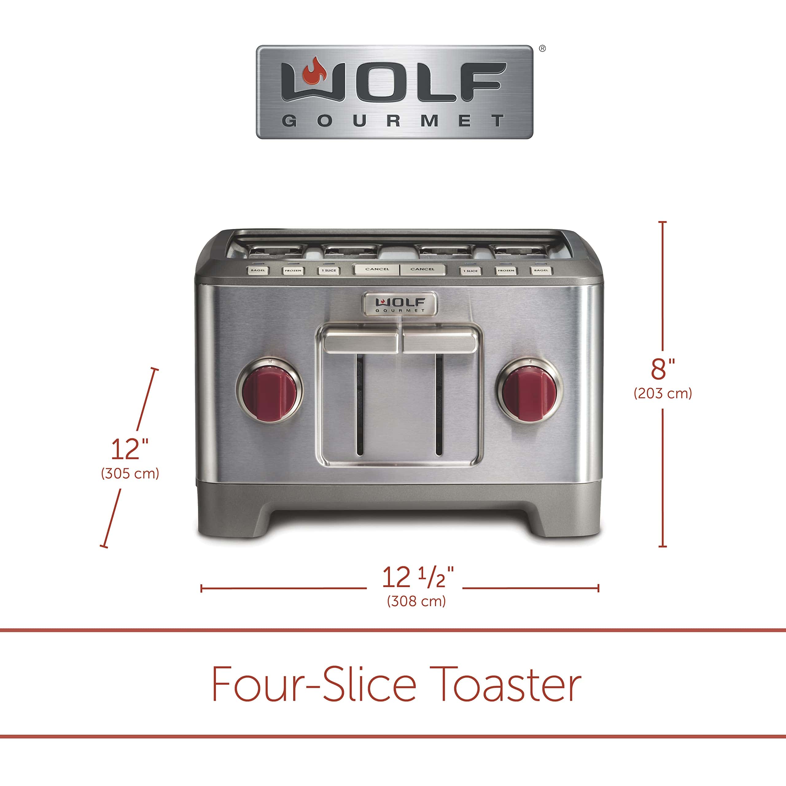 Wolf Gourmet 4-Slice Extra-Wide Slot Toaster with Shade Selector, Bagel and Defrost Settings, Red Knob, Stainless Steel