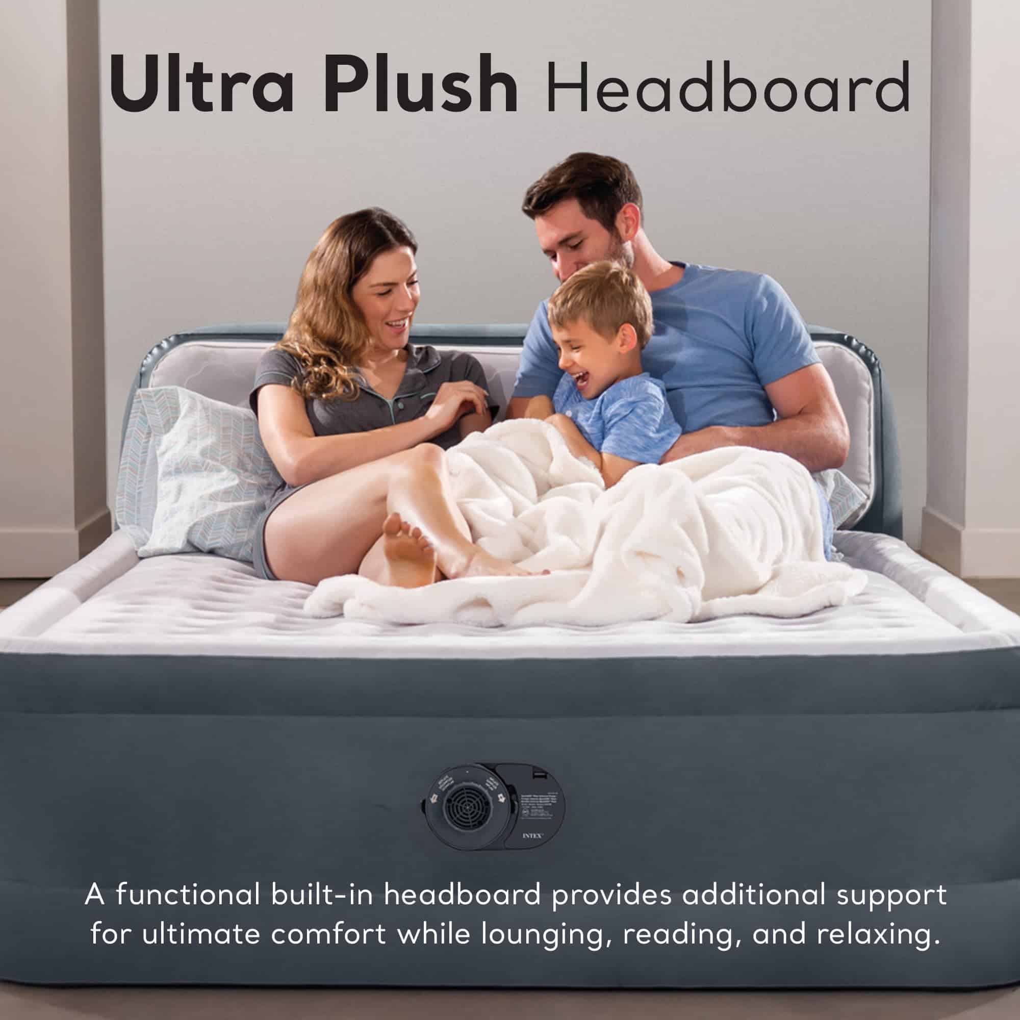 INTEX 64447ED Dura-Beam Deluxe Ultra Plush Air Mattress with Headboard – 18in Bed Height – 600lb Weight Capacity