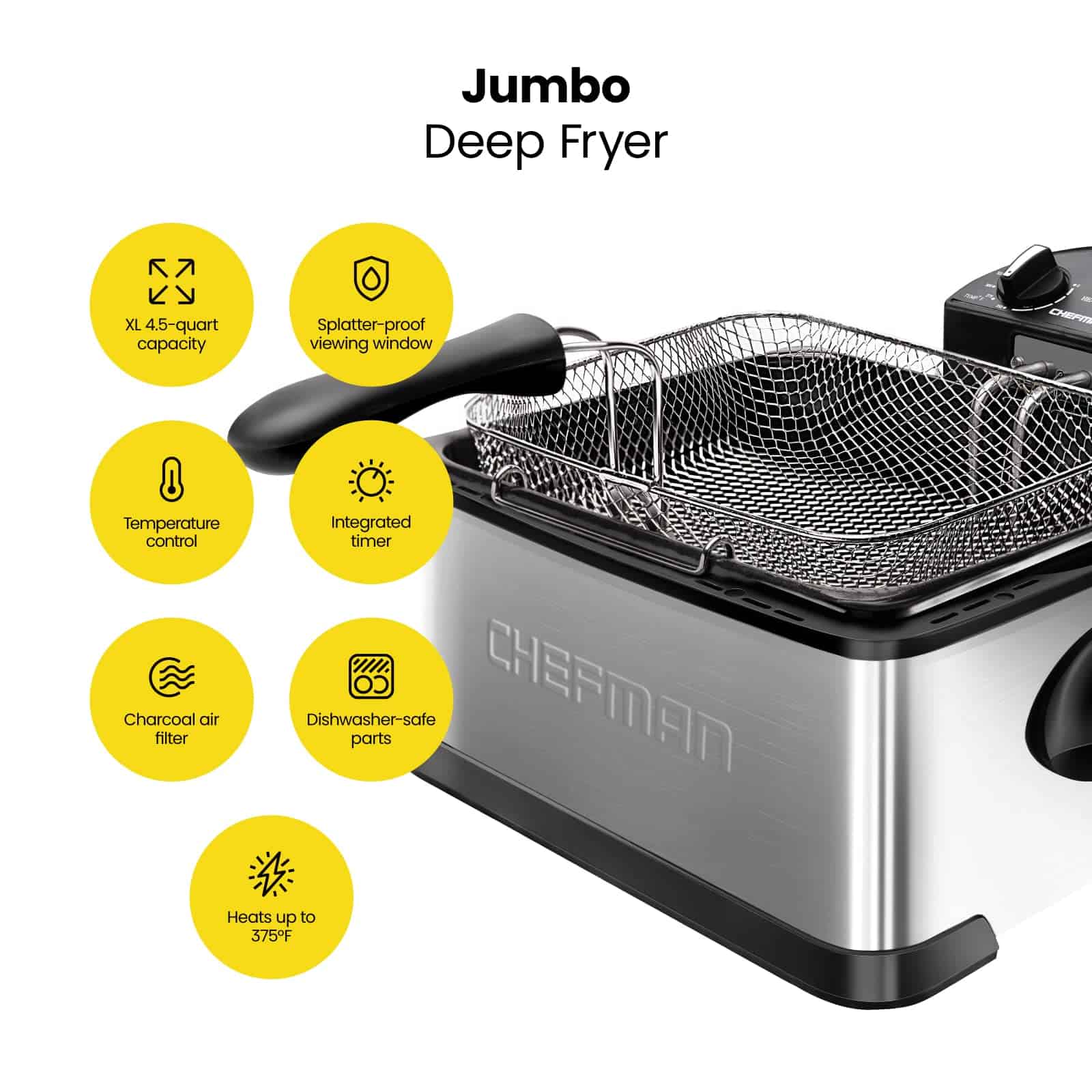 Chefman 4.5 Liter Deep Fryer w/Basket Strainer, XL Jumbo Size, Adjustable Temperature & Timer, Stainless Steel