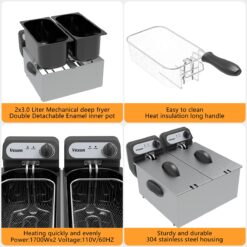 Vexon 3000W Electric Commercial Deep Fryer With Baskets & Lids, 2x3L Stainless Steel Double Deep Fryer