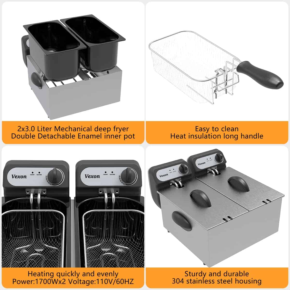 Vexon 3000W Electric Commercial Deep Fryer With Baskets & Lids, 2x3L Stainless Steel Double Deep Fryer