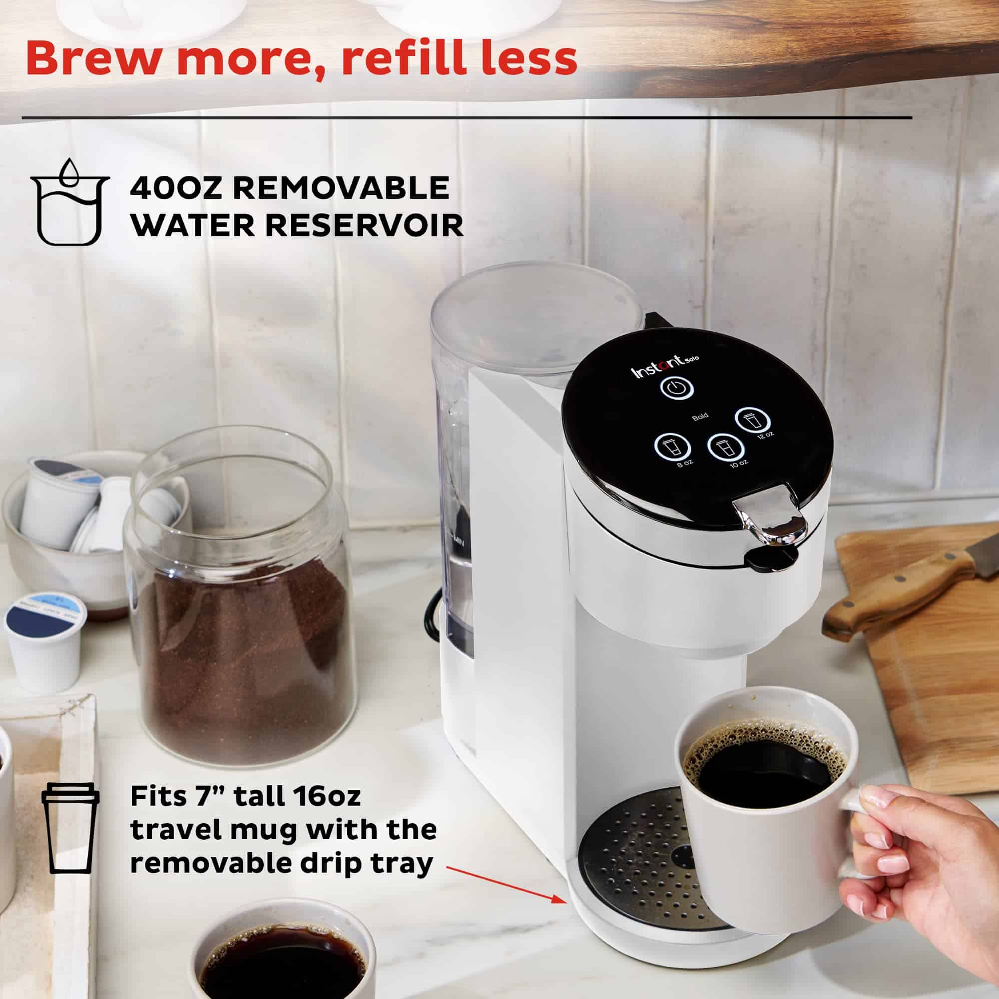 Instant Pot K-Cup Pod Compatible Single Serve Coffee Maker with Reusable Pod and Bold Setting, 8-12oz, 40oz Reservoir, White