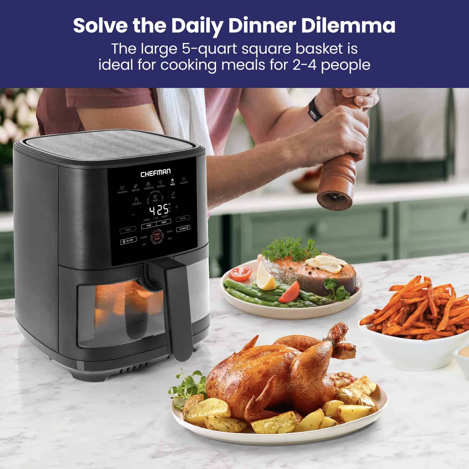 CHEFMAN 5-Quart Digital Air Fryer with Temperature Probe, Nonstick Dishwasher - Safe Basket & Tray, Black