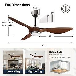 reiga 52 Inch ETL Listed High CFM Quiet DC Motor Smart Ceiling Fans with Lights Remote Control