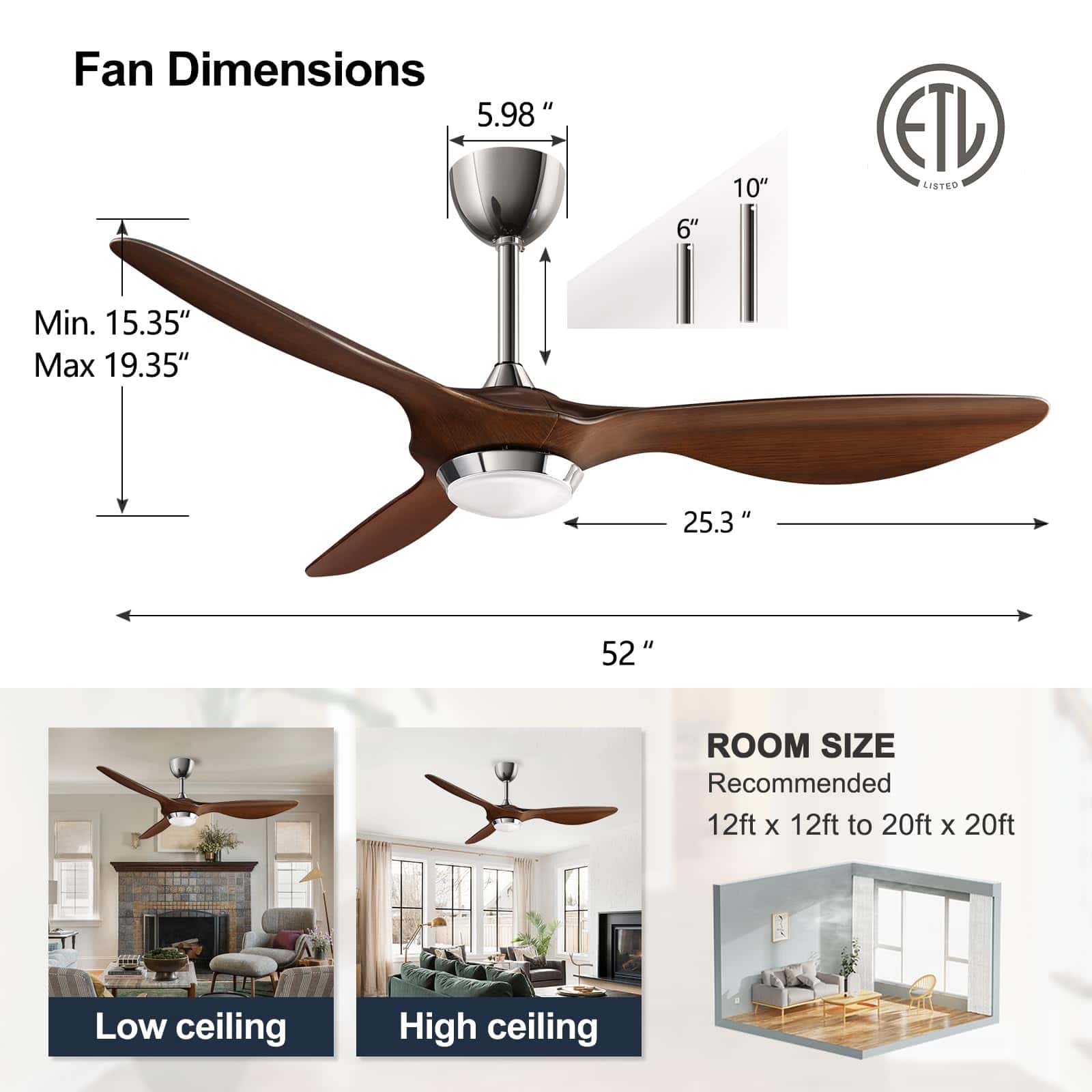 reiga 52 Inch ETL Listed High CFM Quiet DC Motor Smart Ceiling Fans with Lights Remote Control