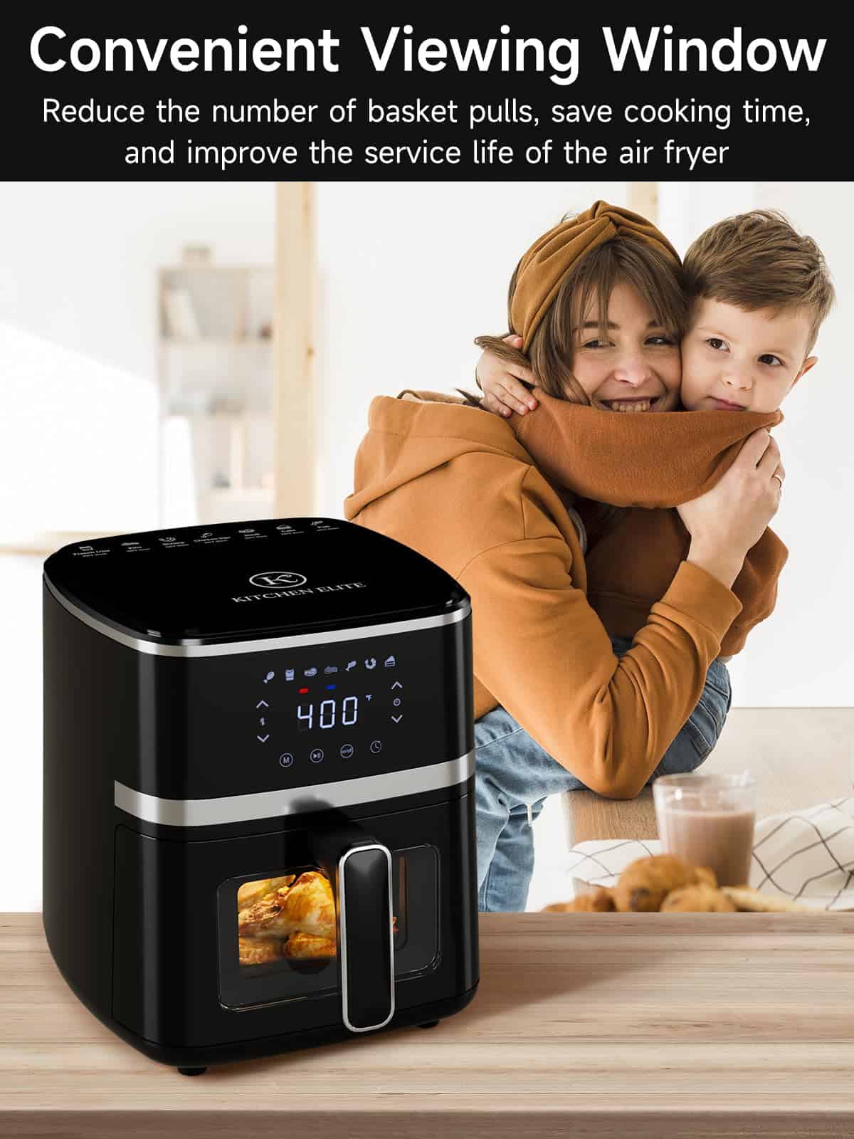 Kitchen Elite Air Fryer Oven 5.28 Qt, 7-in-1 Digital Display Compact Cooker with Easy View Windows, Black