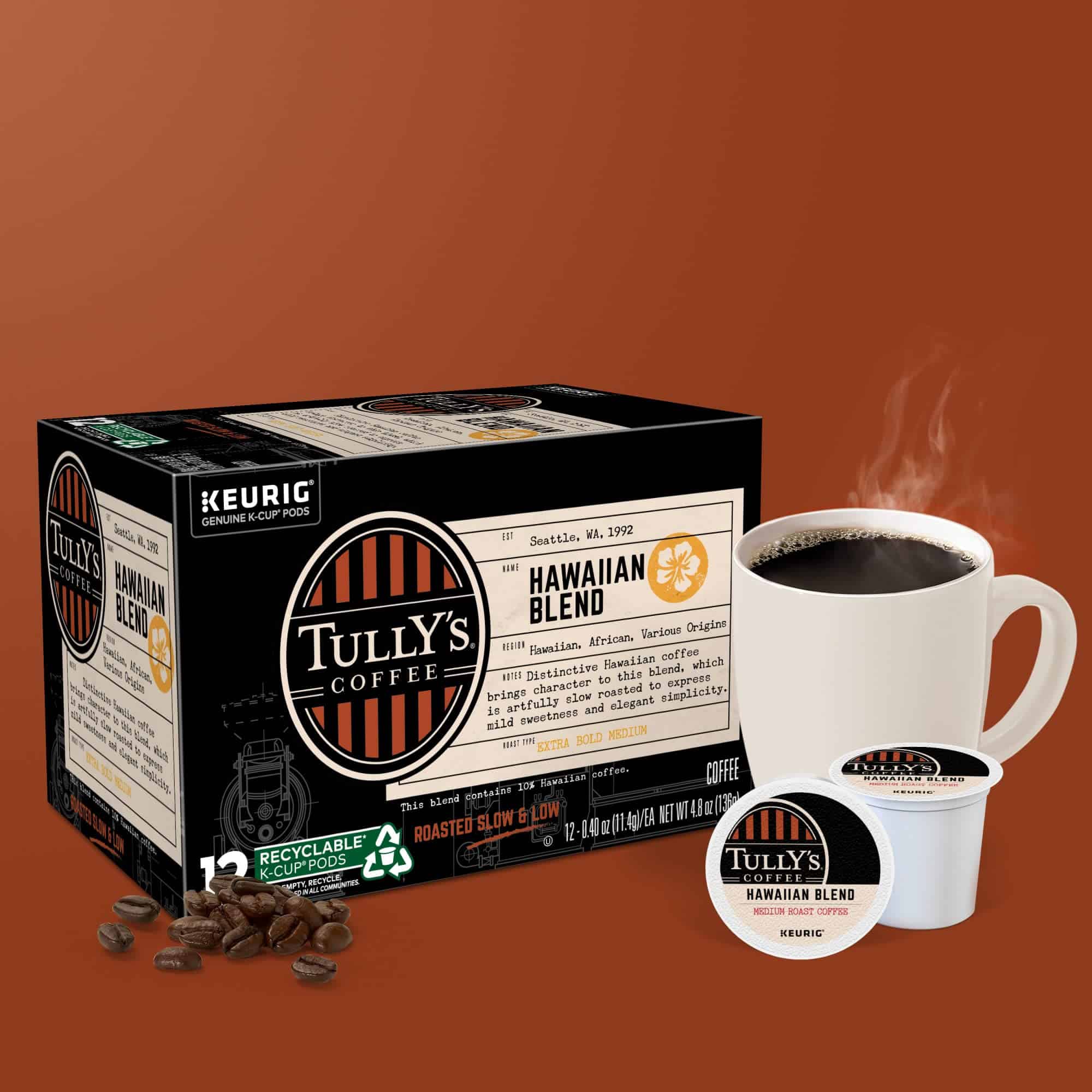 Tully's Coffee Hawaiian Blend Keurig Single-Serve K-Cup Pods, Medium Roast, 72 Count (6 Packs of 12)