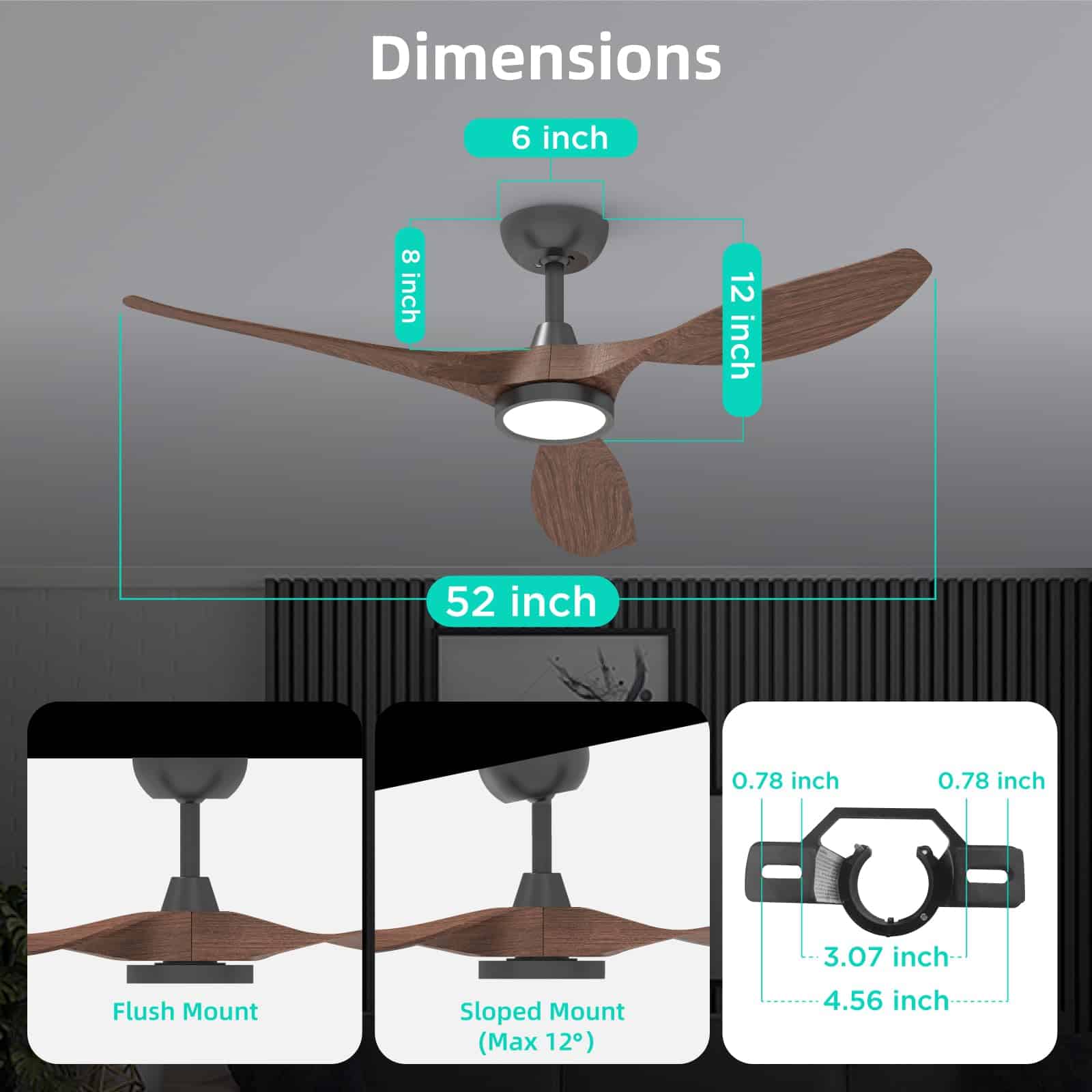 Roomratv Ceiling Fans with Lights and Remote, 52 Inch Large Airflow Indoor Ceiling Fans, Dark Woodgrain