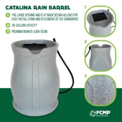 FCMP Outdoor Catalina 45 Gallon Rain Water Barrel Catcher System with Flat Back for Watering Outdoor Plants, Light Granite