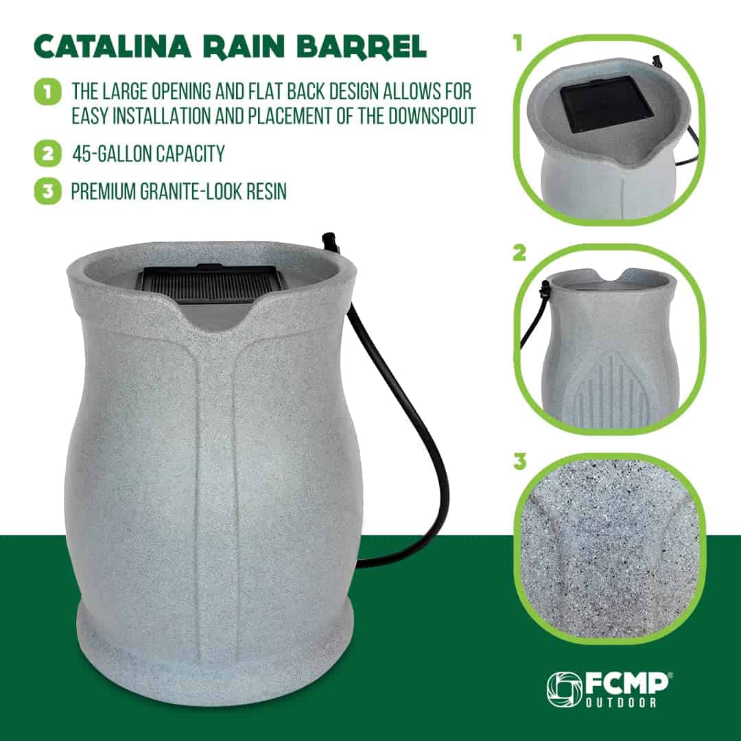 FCMP Outdoor Catalina 45 Gallon Rain Water Barrel Catcher System with Flat Back for Watering Outdoor Plants, Light Granite