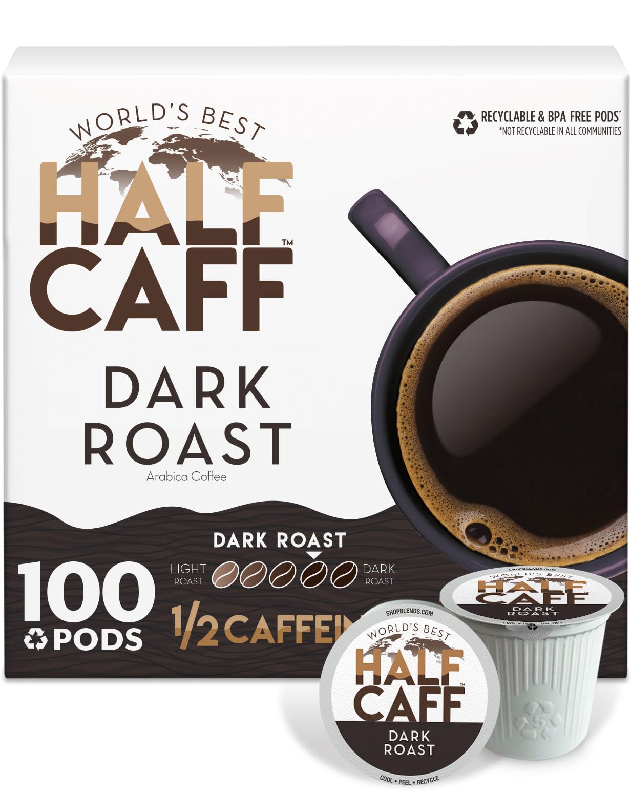 World's Best Half Caff Dark Roast Coffee 100ct. Solar Energy Produced Recyclable Single Serve Dark Roast Coffee Pods