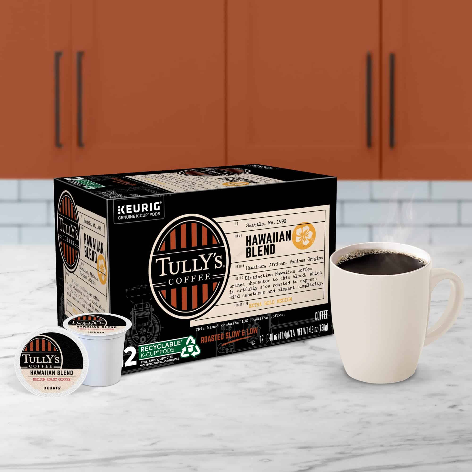 Tully's Coffee Hawaiian Blend Keurig Single-Serve K-Cup Pods, Medium Roast, 72 Count (6 Packs of 12)