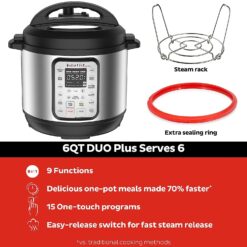 Instant Pot Duo Plus 9-in-1 Electric Pressure Cooker, Includes App With Over 800 Recipes, Stainless Steel, 6 Quart