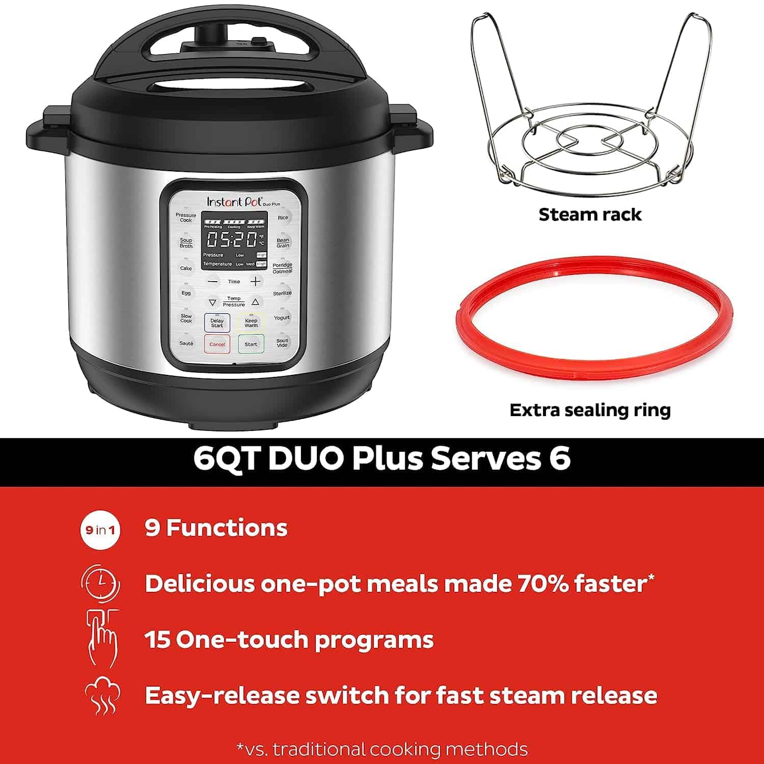 Instant Pot Duo Plus 9-in-1 Electric Pressure Cooker, Includes App With Over 800 Recipes, Stainless Steel, 6 Quart