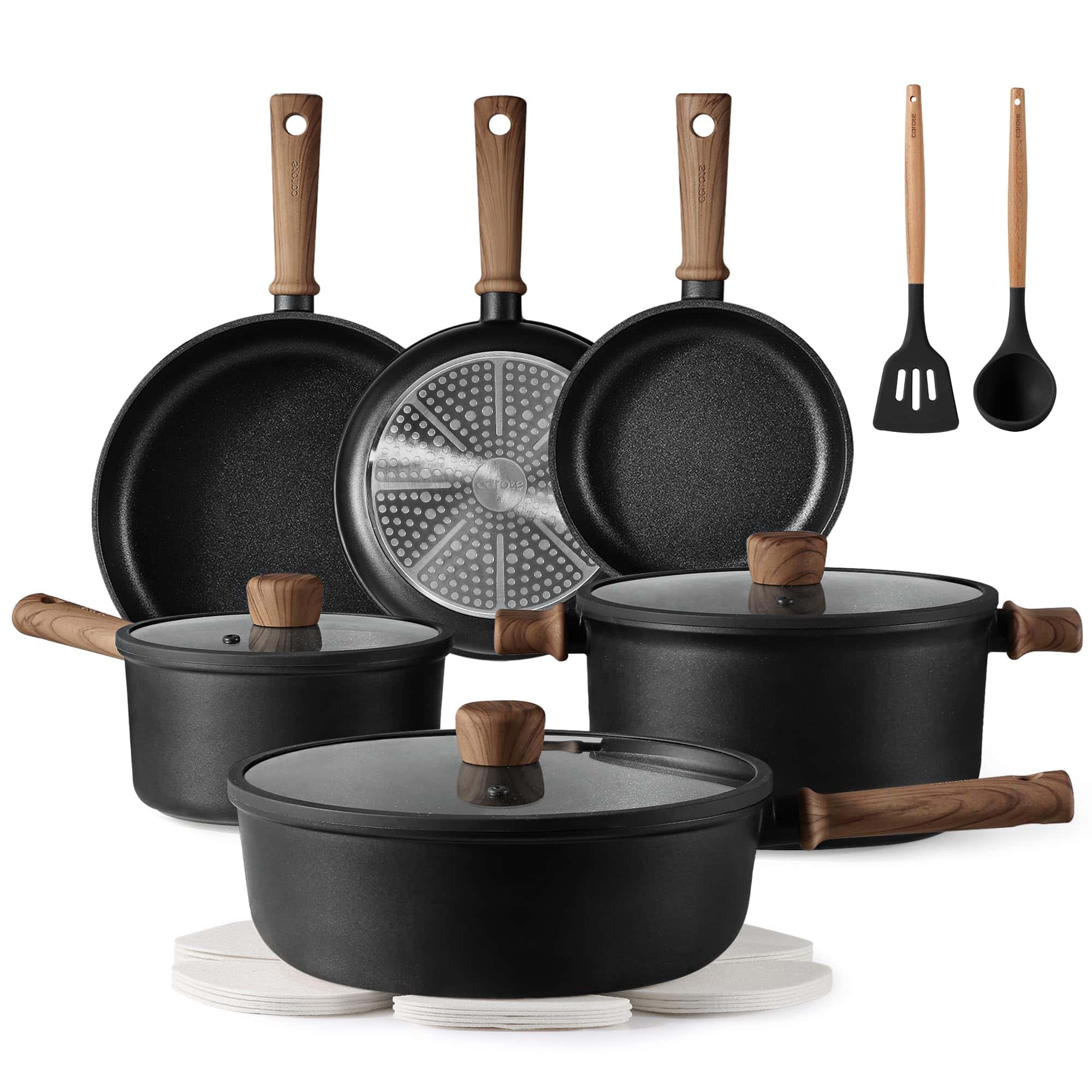 CAROTE 16pcs Pots and Pans Set Non Stick, Nonstick Kitchen Cookware Sets, Black