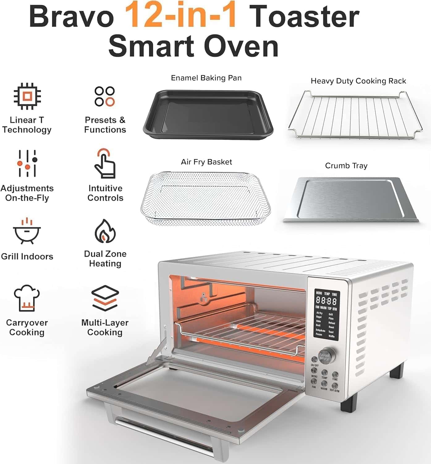Nuwave Bravo Pro Smart 21QT Toaster Oven Air Fryer Combo, 1800W, Stainless Steel