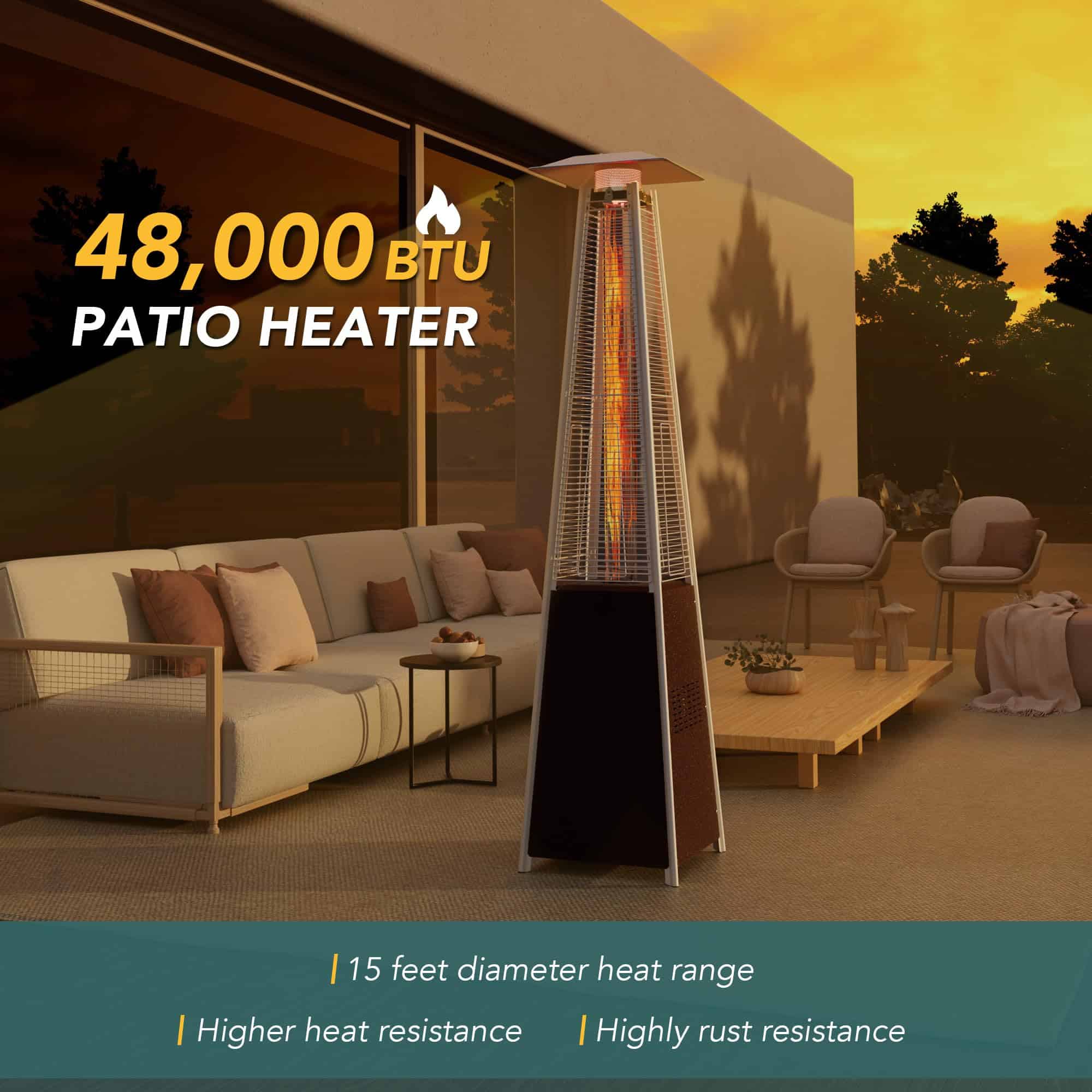 Pamapic Patio Heater, 48,000 BTU Pyramid Flame Outdoor Heater with Cover