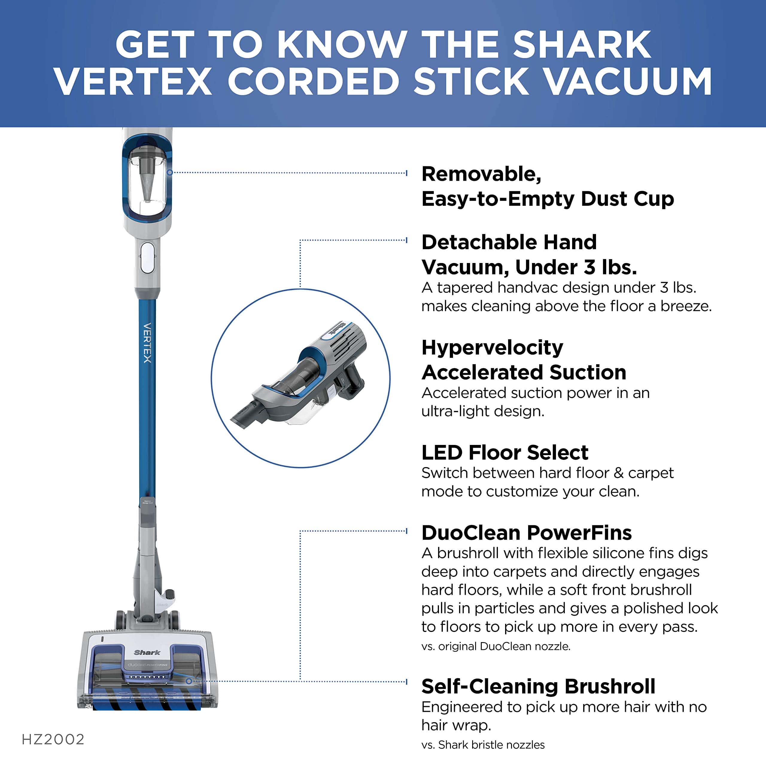 Shark HZ2002 Vertex Ultralight Corded Stick DuoClean PowerFins & Self-Cleaning Brushroll, Cobalt Blue