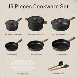 CAROTE 16pcs Pots and Pans Set Non Stick, Nonstick Kitchen Cookware Sets, Black