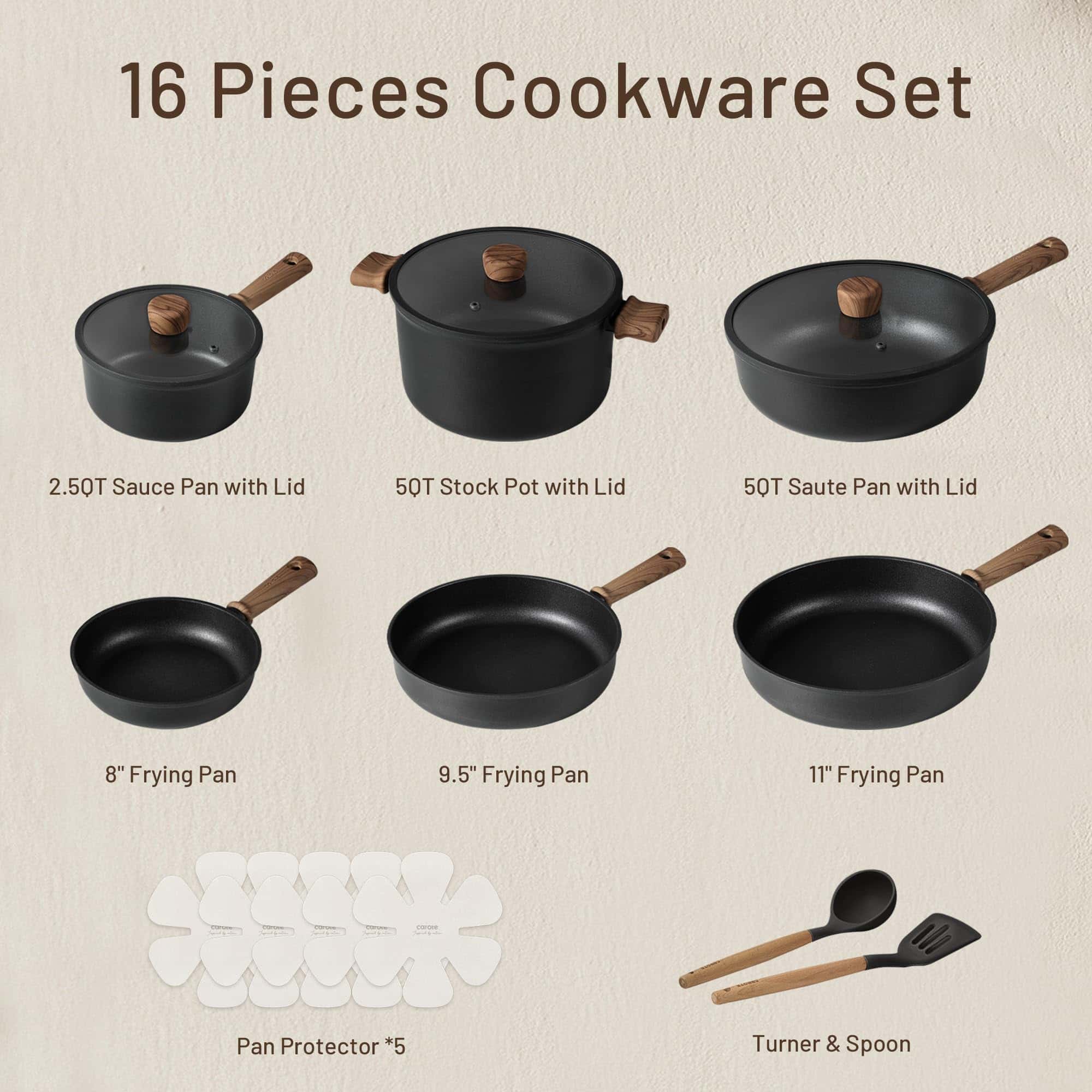 CAROTE 16pcs Pots and Pans Set Non Stick, Nonstick Kitchen Cookware Sets, Black