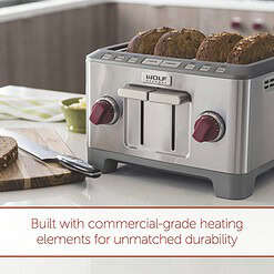 Wolf Gourmet 4-Slice Extra-Wide Slot Toaster with Shade Selector, Bagel and Defrost Settings, Red Knob, Stainless Steel