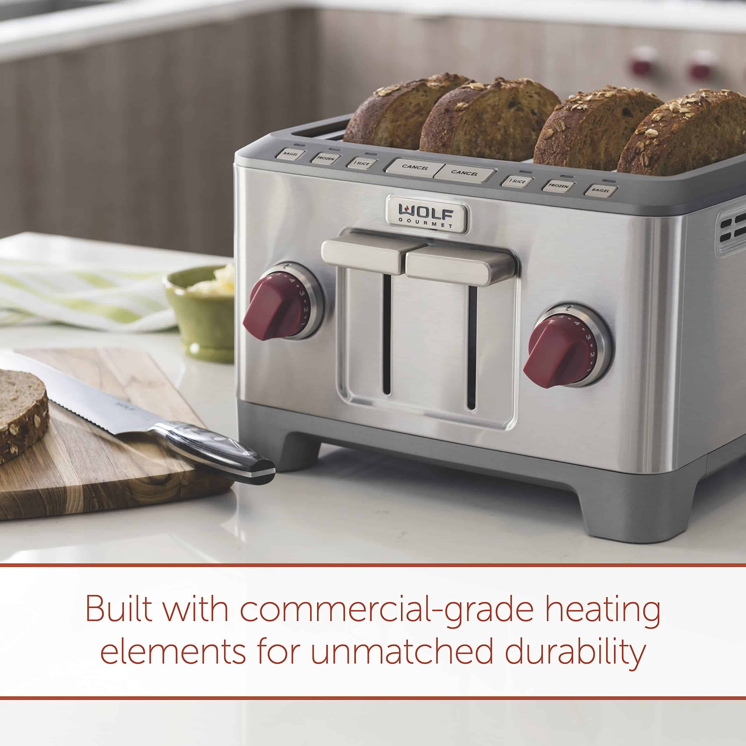 Wolf Gourmet 4-Slice Extra-Wide Slot Toaster with Shade Selector, Bagel and Defrost Settings, Red Knob, Stainless Steel