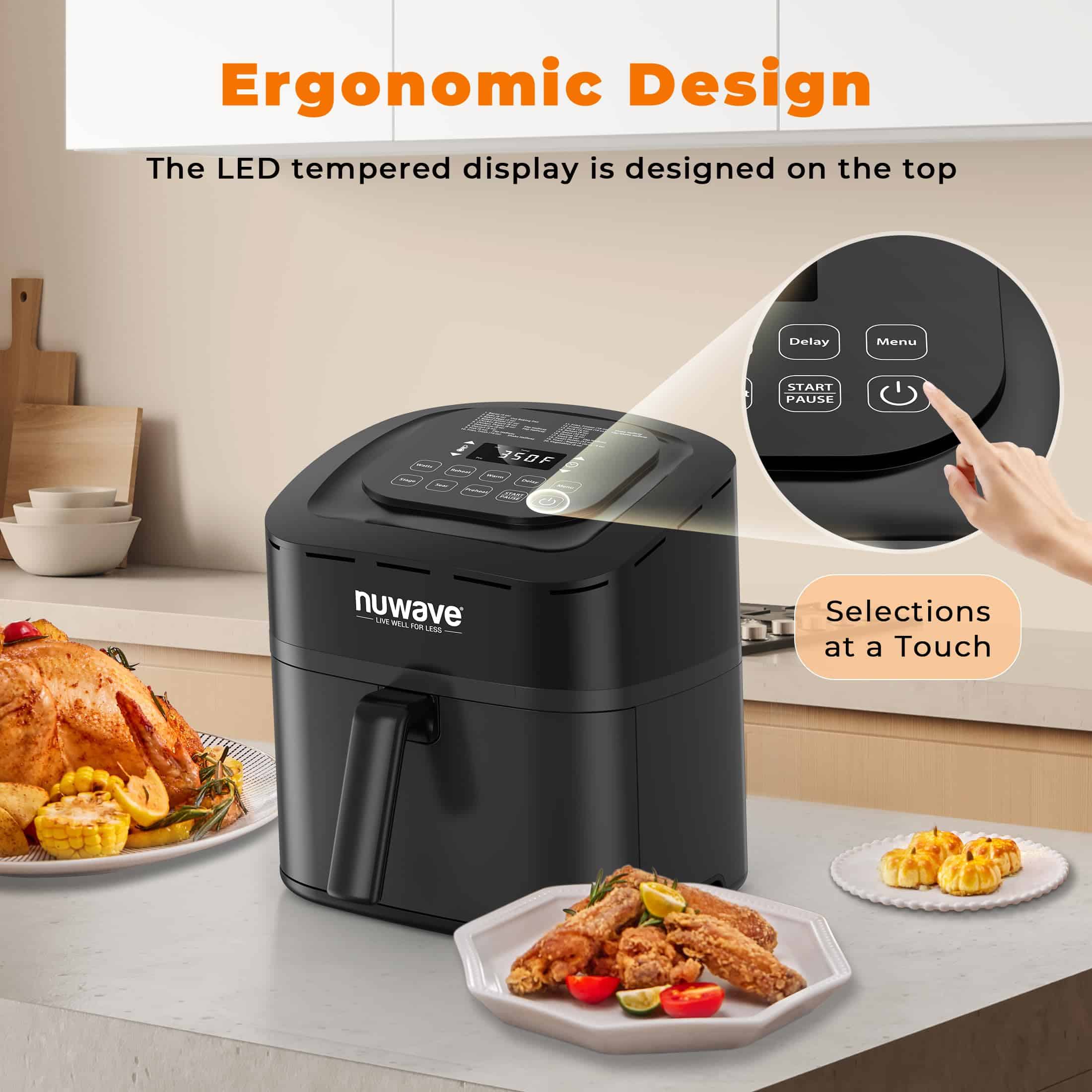 Nuwave Brio 10-in-1 Air Fryer 7.25Qt, Dishwasher Safe Basket, and App with 100+ Recipes - Black