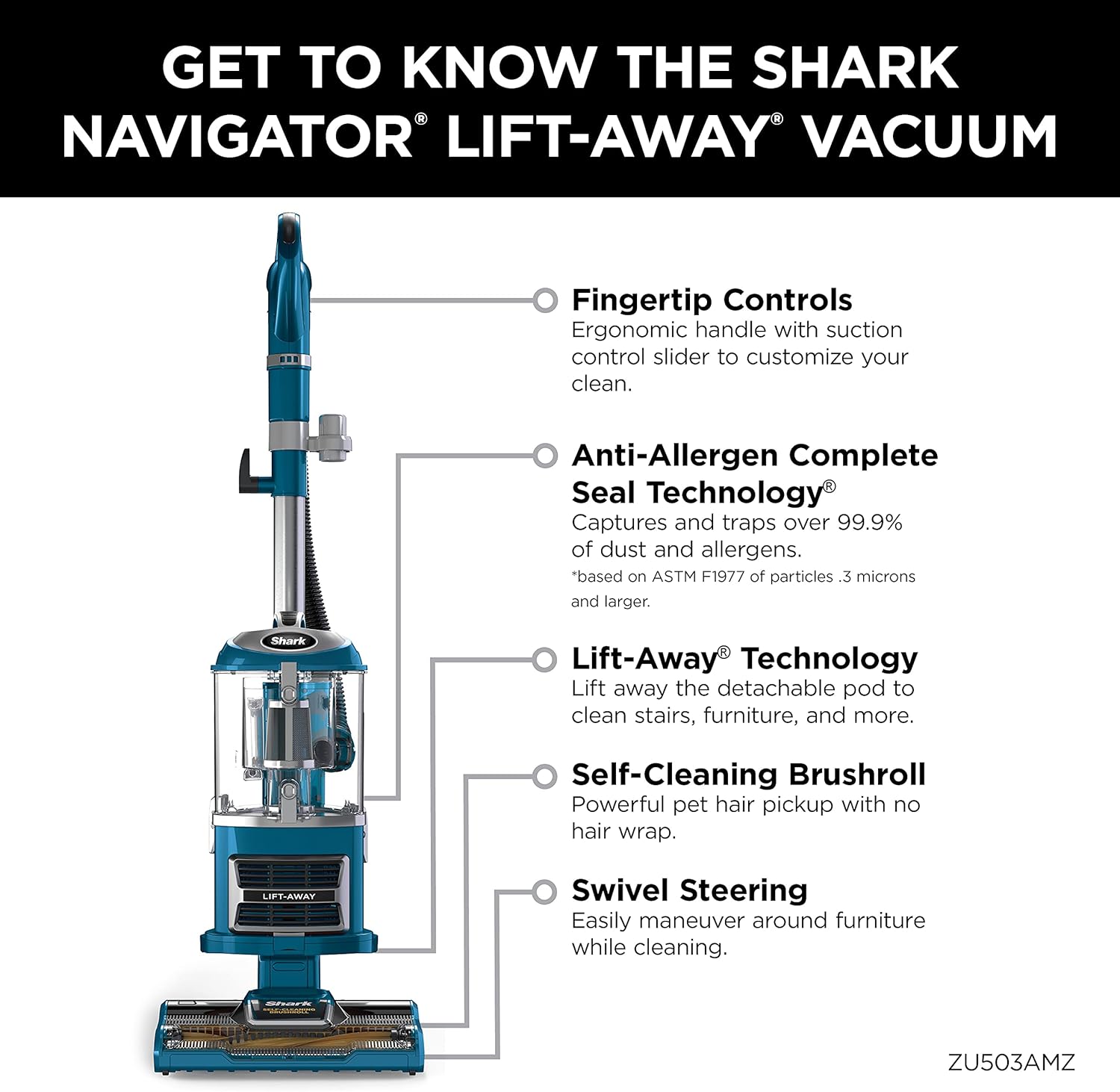 Shark ZU503AMZ Navigator Lift-Away Upright Vacuum with Self-Cleaning Brushroll, Perfect for Pets & Multi-Surface, Teal - Image 7