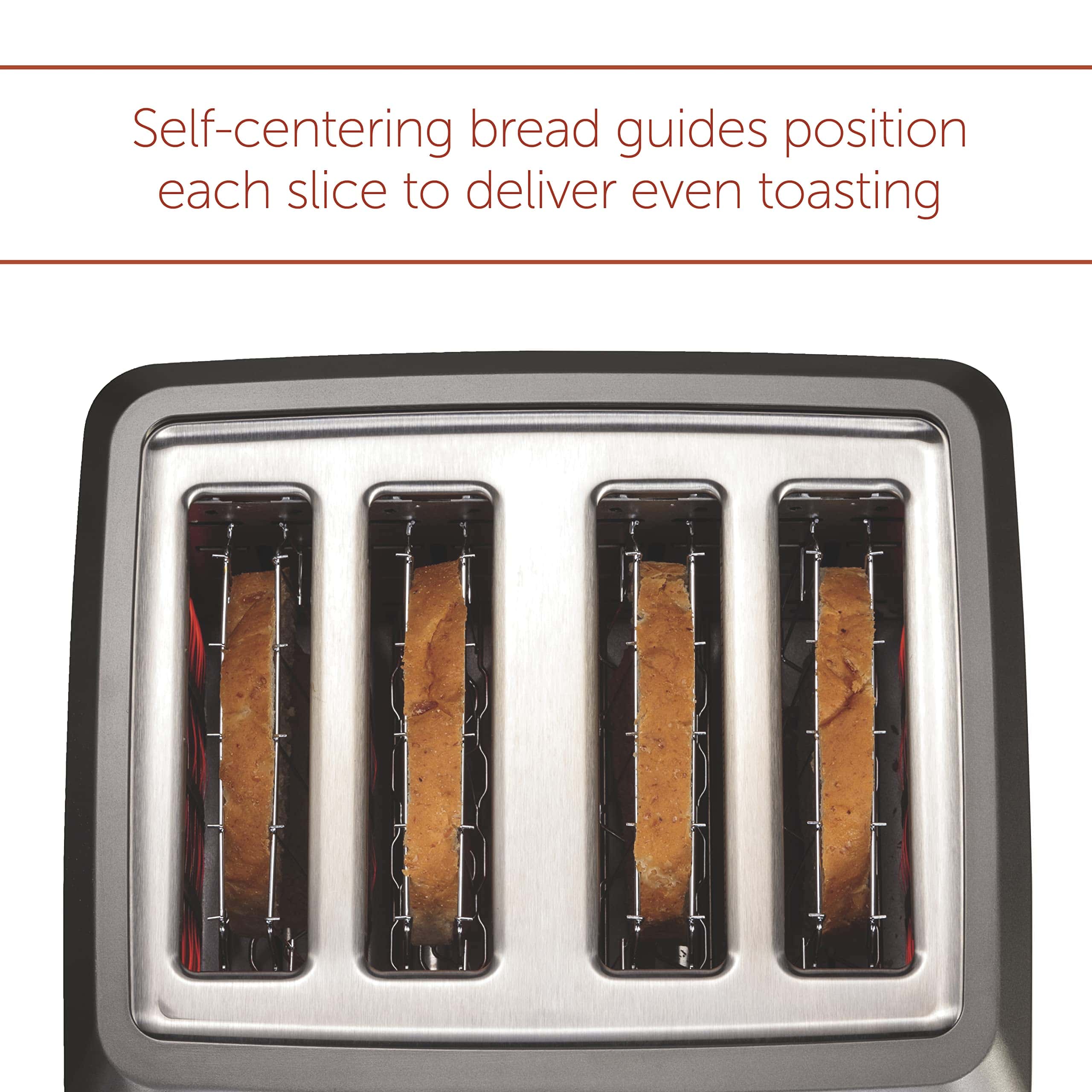 Wolf Gourmet 4-Slice Extra-Wide Slot Toaster with Shade Selector, Bagel and Defrost Settings, Red Knob, Stainless Steel