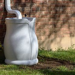 FCMP Outdoor Catalina 45 Gallon Rain Water Barrel Catcher System with Flat Back for Watering Outdoor Plants, Light Granite