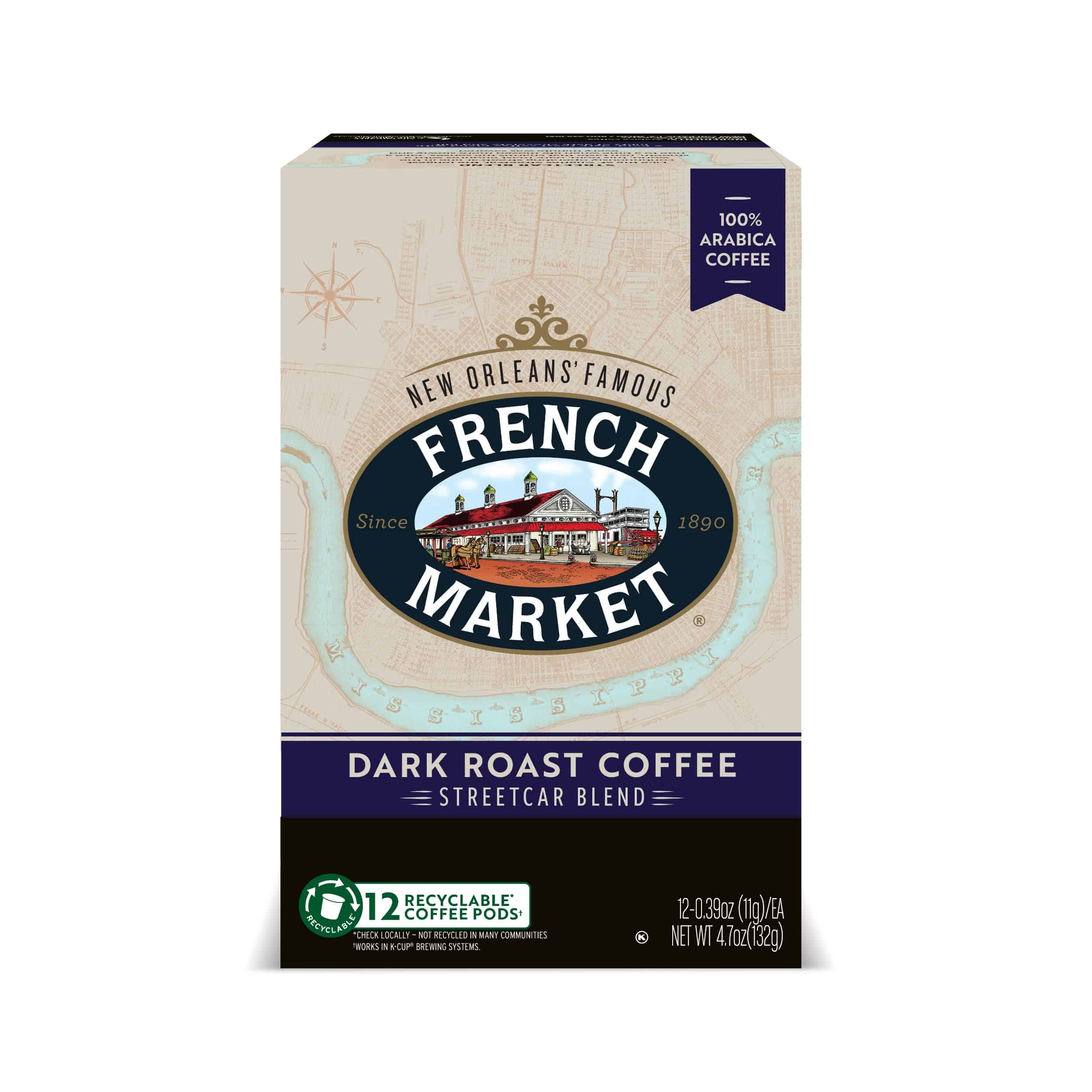French Market Streetcar Blend Dark Roast Single Serve Coffee Pods, 12 Count Box (Pack of 6)