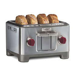 Wolf Gourmet 4-Slice Extra-Wide Slot Toaster with Shade Selector, Bagel and Defrost Settings, Red Knob, Stainless Steel