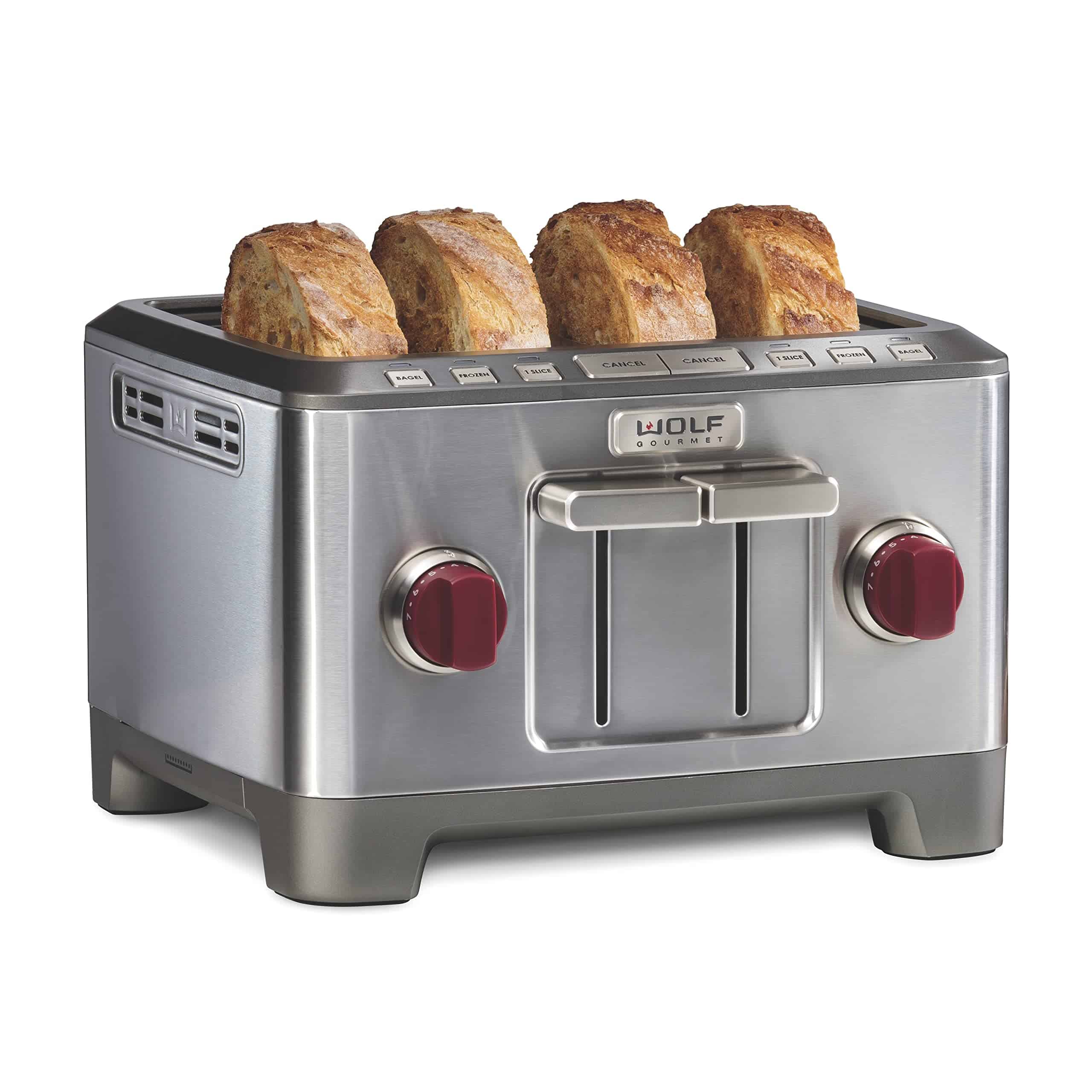 Wolf Gourmet 4-Slice Extra-Wide Slot Toaster with Shade Selector, Bagel and Defrost Settings, Red Knob, Stainless Steel
