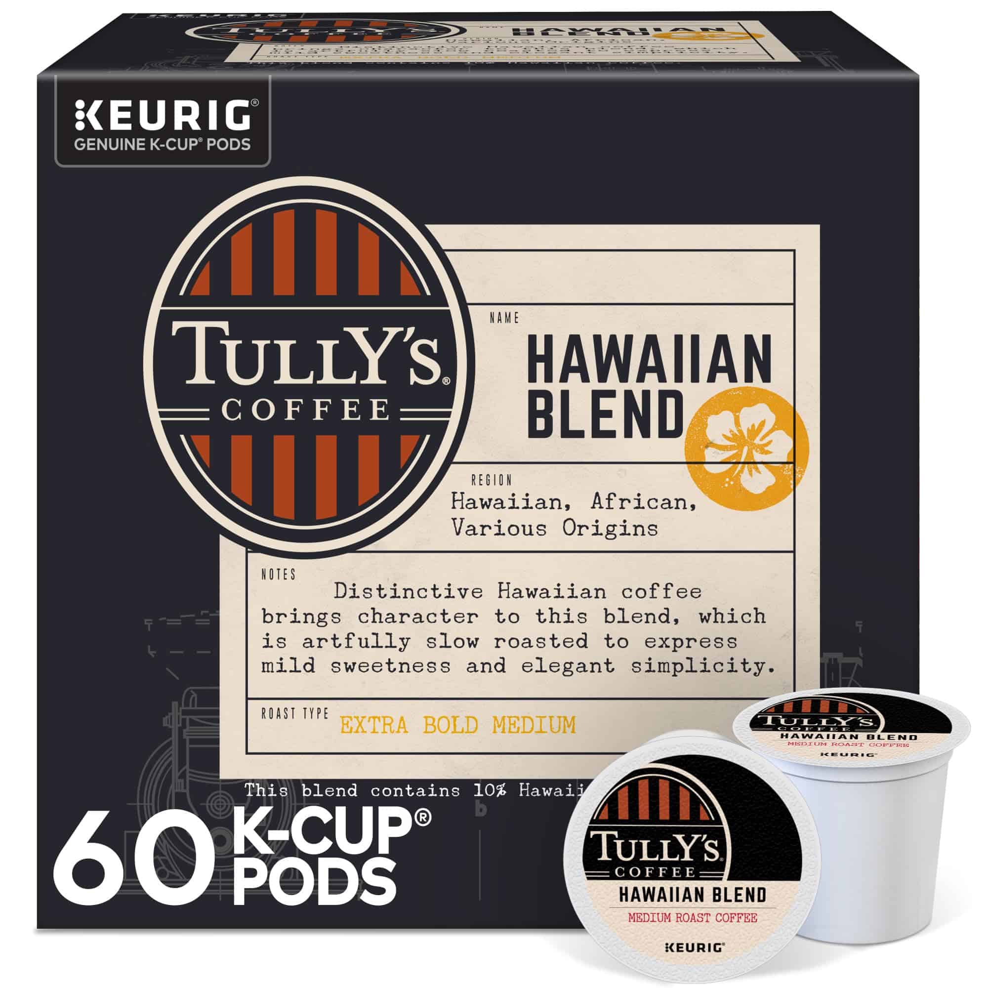 Tully's Coffee Hawaiian Blend, Keurig Single Serve K-Cup Pods, Medium Roast, 60 Count, (6 Packs of 10)