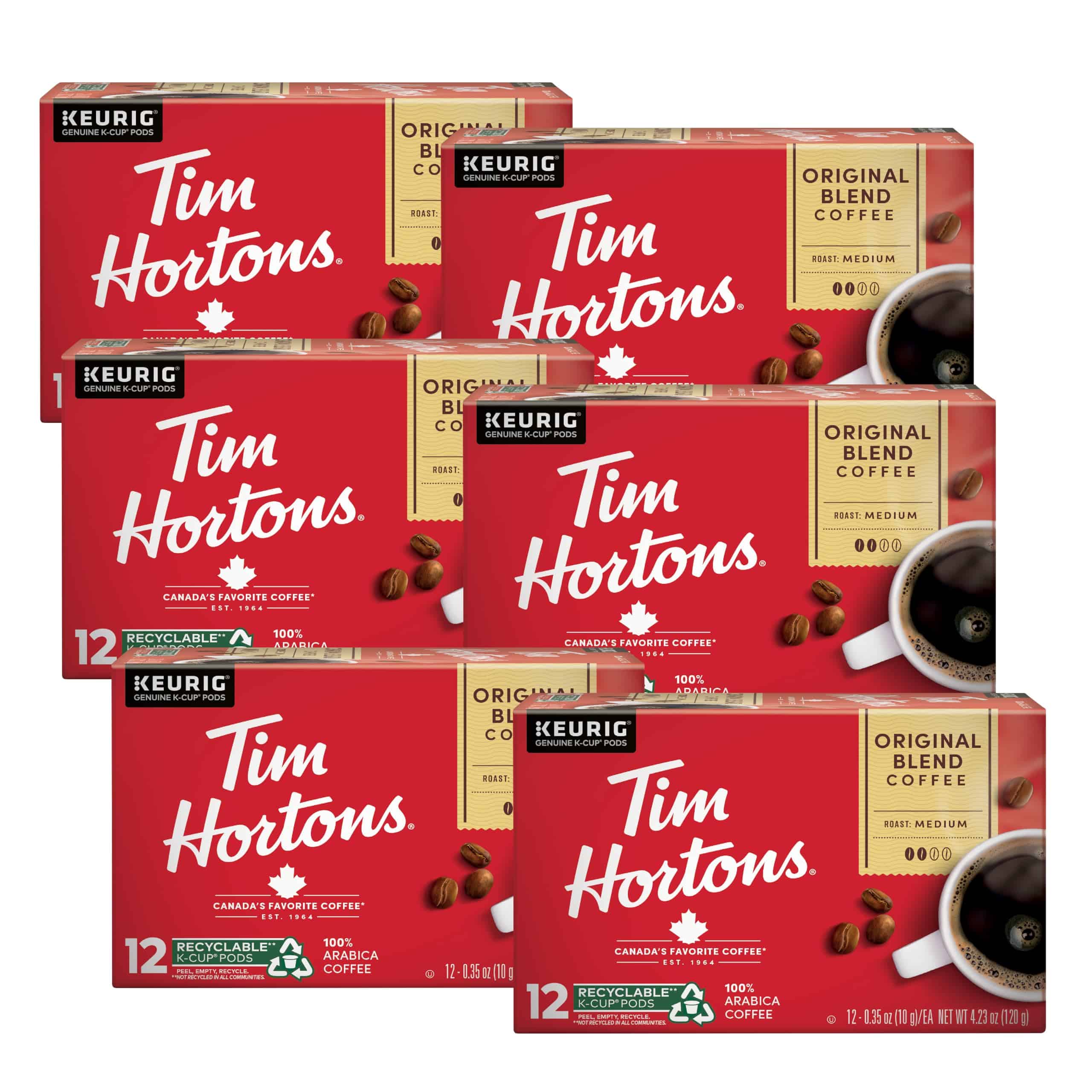 Tim Hortons Original Blend, Medium Roast Coffee, 72ct K-Cups, 12 Count (Pack of 6)