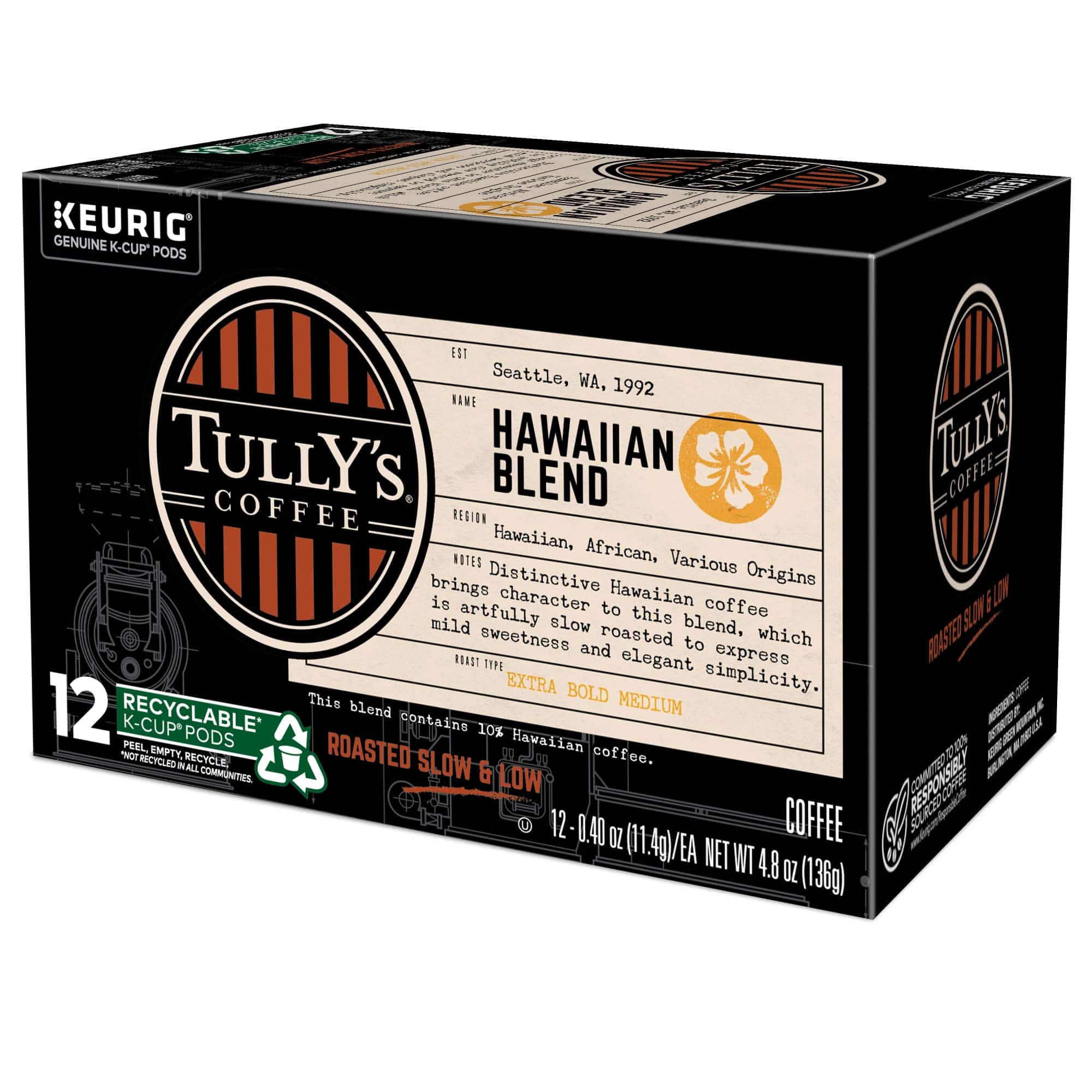 Tully's Coffee Hawaiian Blend Keurig Single-Serve K-Cup Pods, Medium Roast, 72 Count (6 Packs of 12)