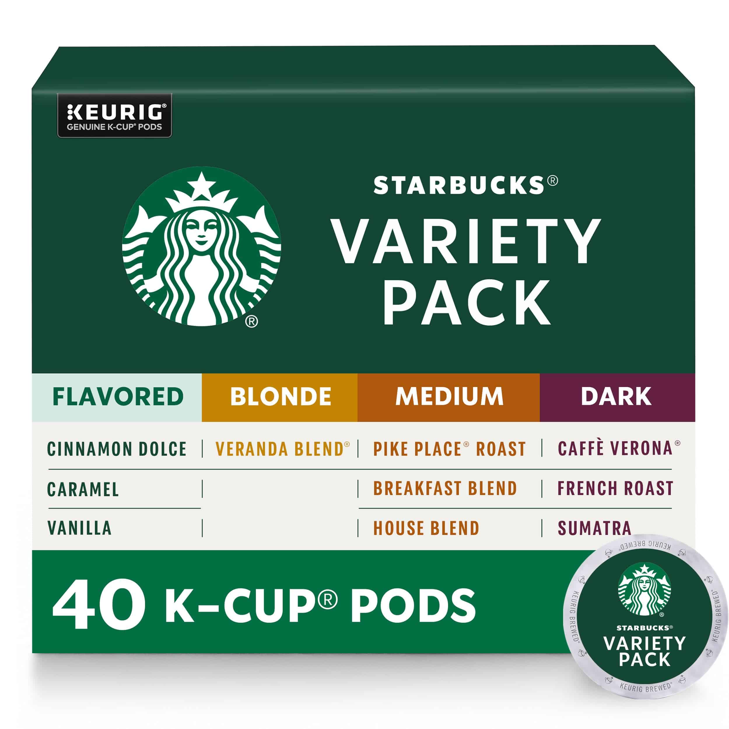 Starbucks K-Cup Coffee Pods - Starbucks Blonde, Medium, Dark Roast & Flavored Coffee - Variety Pack for Keurig Brewers - 1 box (40 pods total)